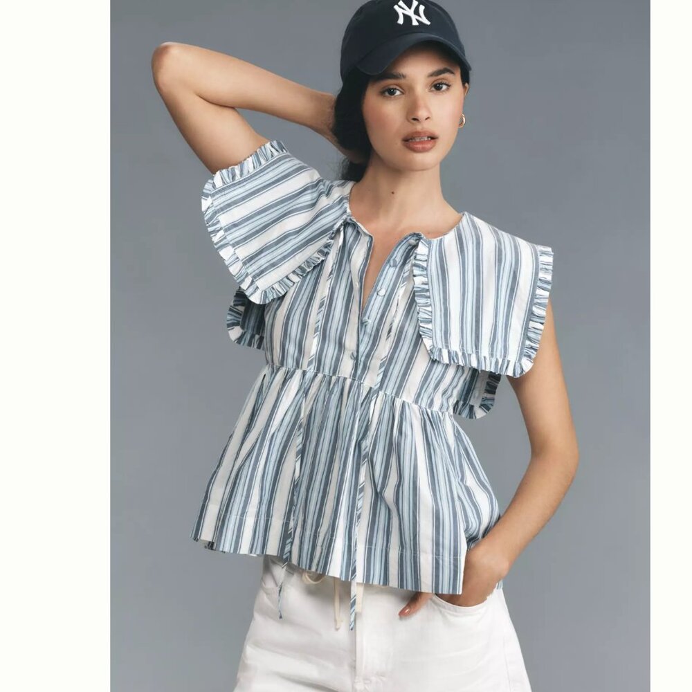 Damson Madder Sailor Blouse Womens 4 Blue White Stripe Ruffle Tie Neck NWT
